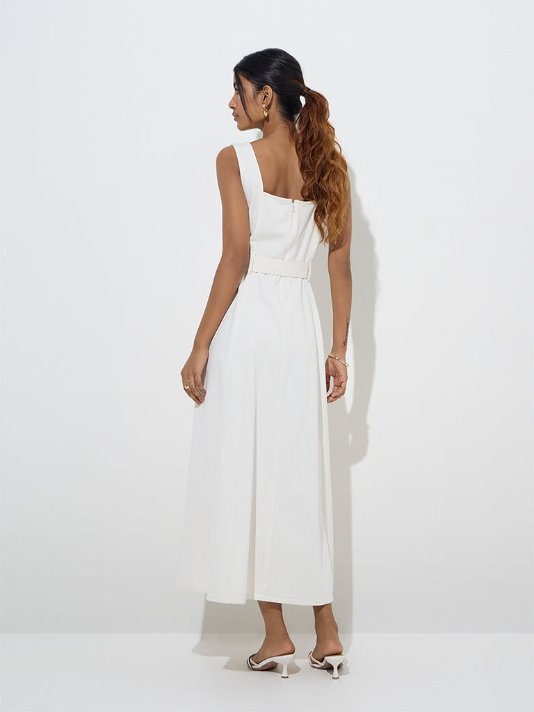 LOV White Solid A-Line Cotton Dress with Belt