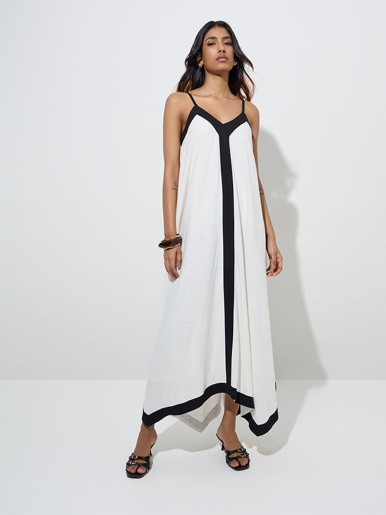 LOV White Contrast-Detailed Asymmetrical Dress