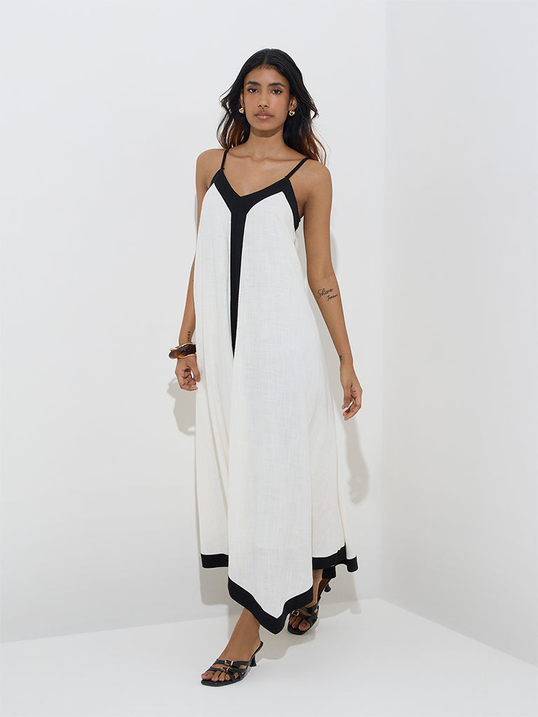 LOV White Contrast-Detailed Asymmetrical Dress