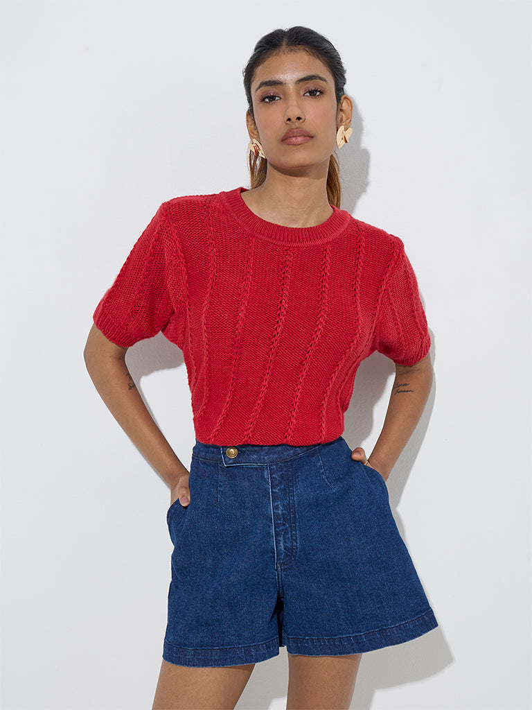 LOV Red Knit-Textured Top