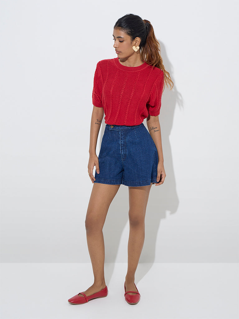 LOV Red Knit-Textured Top