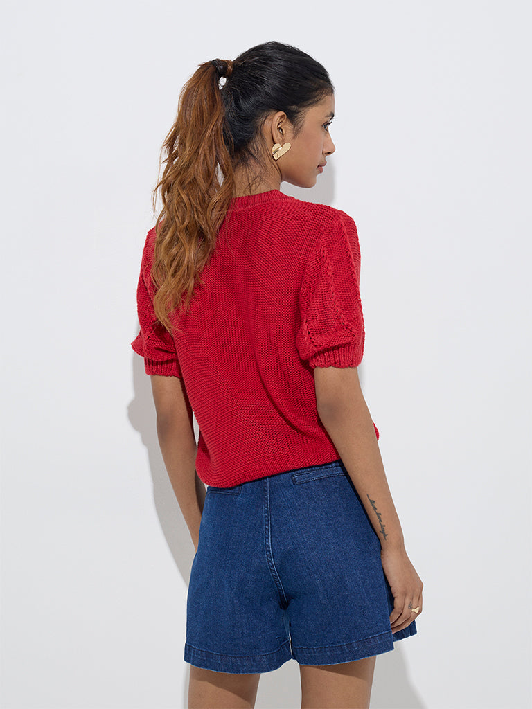 LOV Red Knit-Textured Top