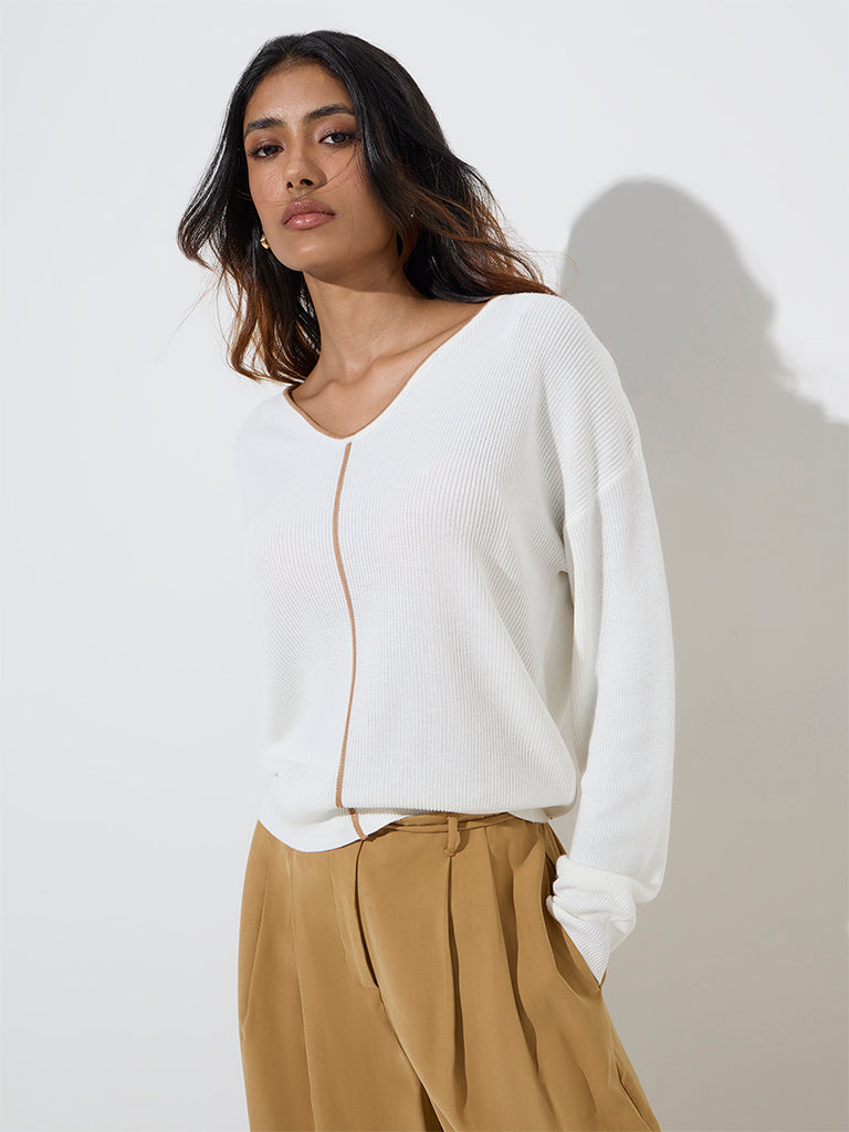 LOV White Ribbed-Textured Sweater