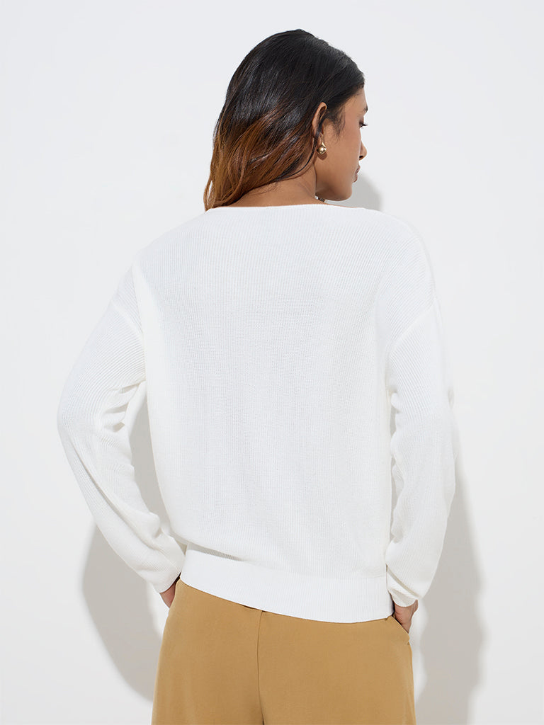 LOV White Ribbed-Textured Sweater