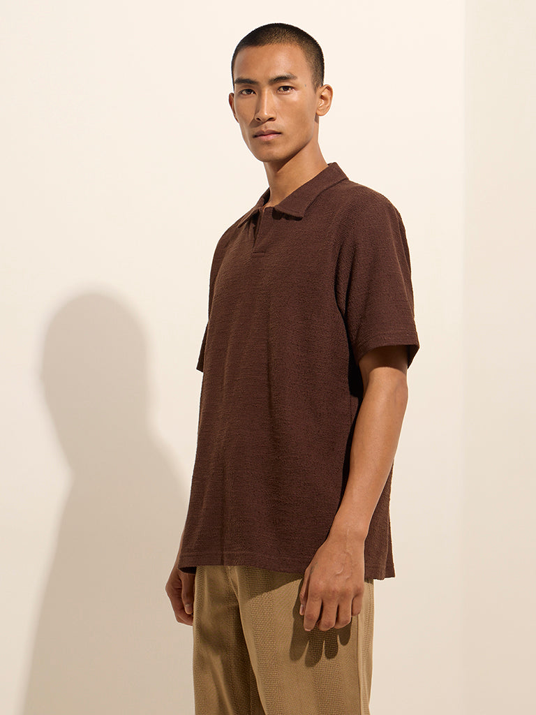 ETA Dark Brown Knitted Relaxed-Fit Cotton Polo T-Shirt