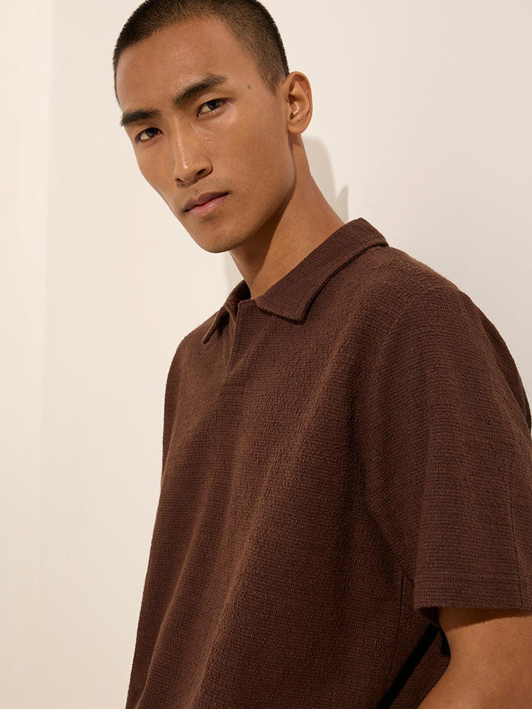 ETA Dark Brown Knitted Relaxed-Fit Cotton Polo T-Shirt