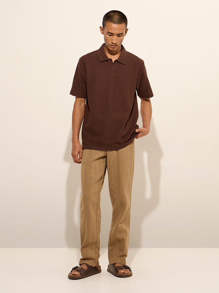 ETA Dark Brown Knitted Relaxed-Fit Cotton Polo T-Shirt