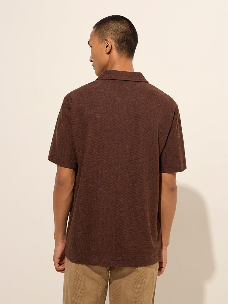 ETA Dark Brown Knitted Relaxed-Fit Cotton Polo T-Shirt