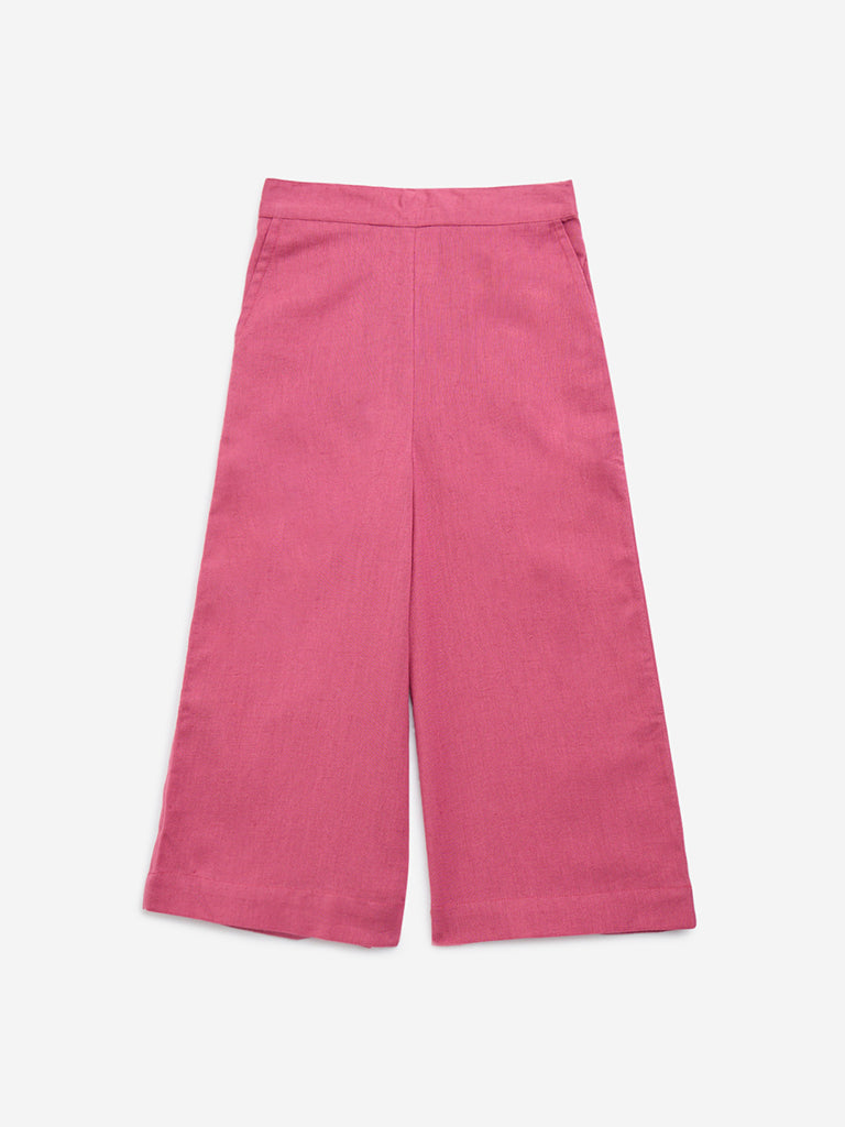 Utsa Kids Pink Solid High-Rise Cotton Palazzos - (2-8yrs)