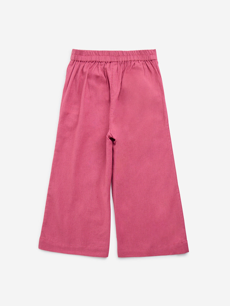 Utsa Kids Pink Solid High-Rise Cotton Palazzos - (2-8yrs)