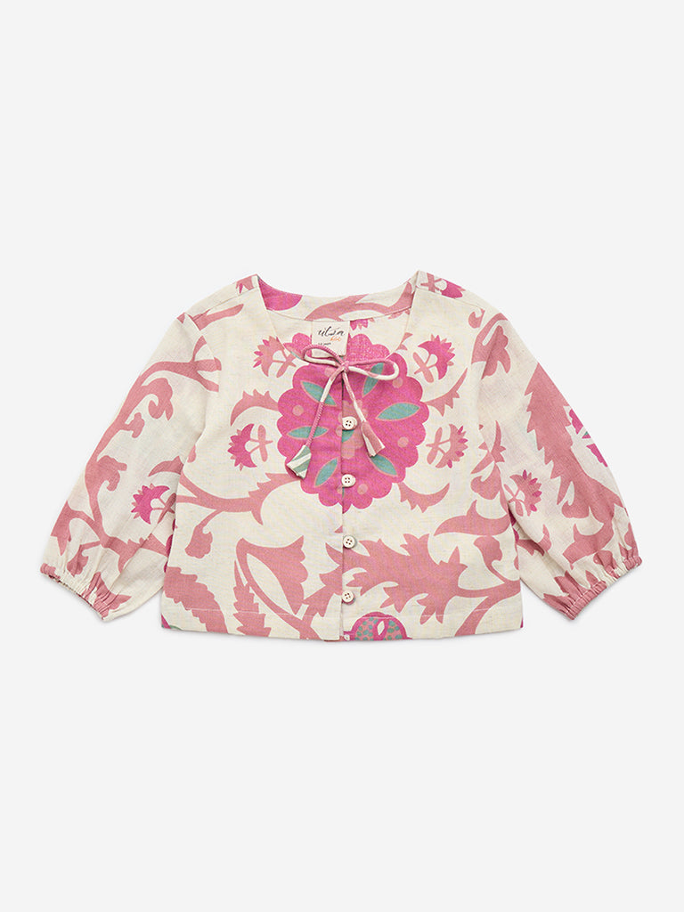 Utsa Kids Off-White Floral Printed Cotton-Blend Top - (2-8yrs)