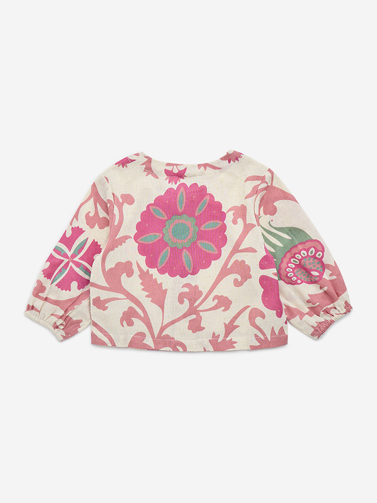 Utsa Kids Off-White Floral Printed Cotton-Blend Top - (2-8yrs)