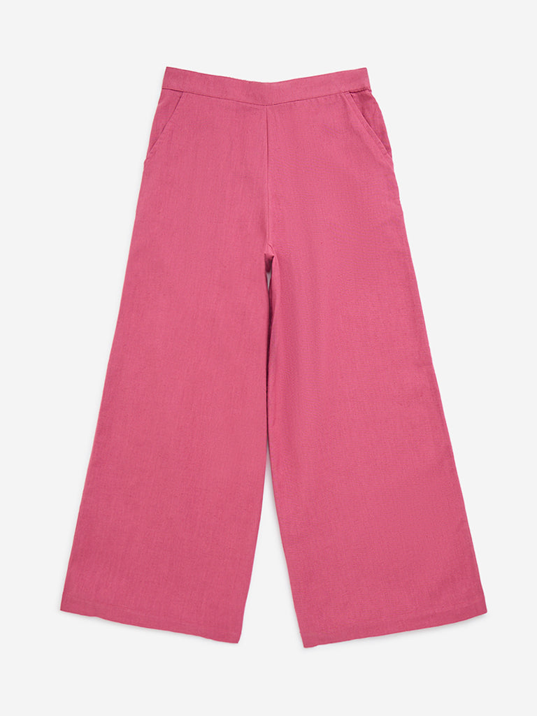 Utsa Kids Pink High-Rise Cotton-Blend Palazzos - (8-14yrs)