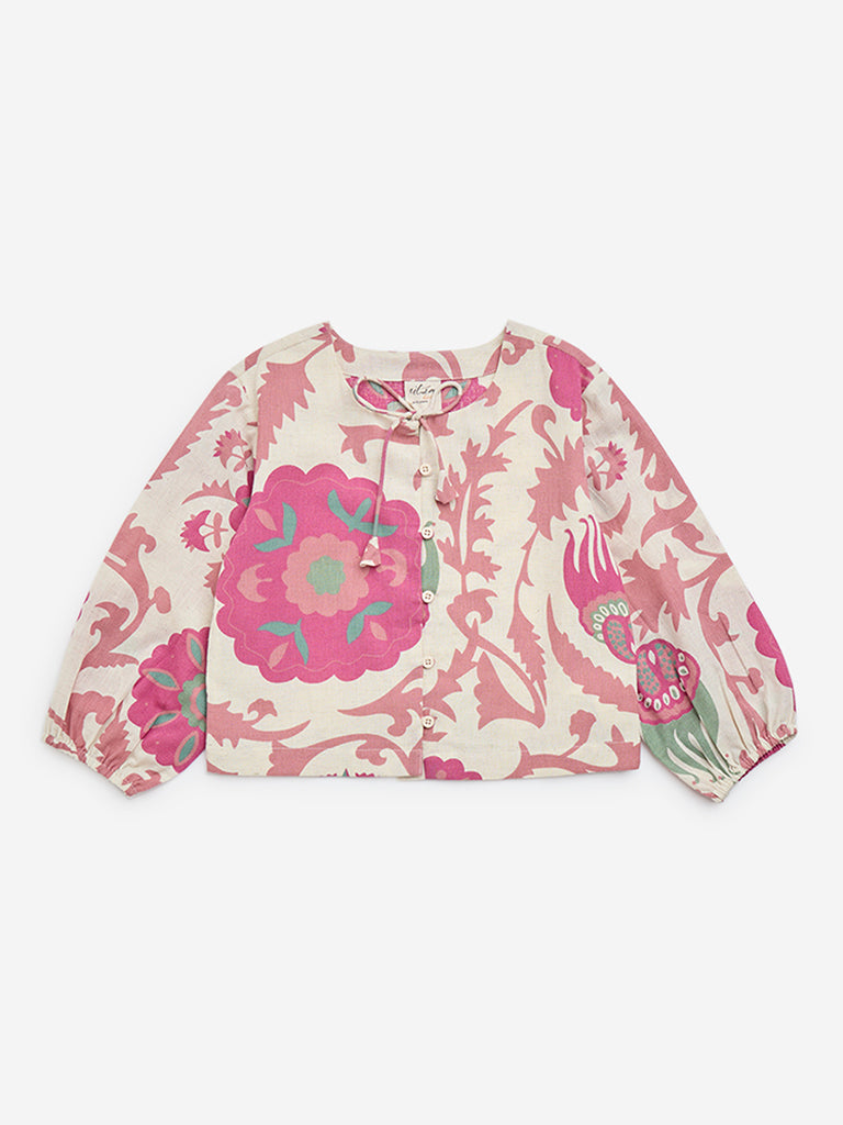 Utsa Kids Off-White Floral Design Cotton-Blend Top - (8-14yrs)