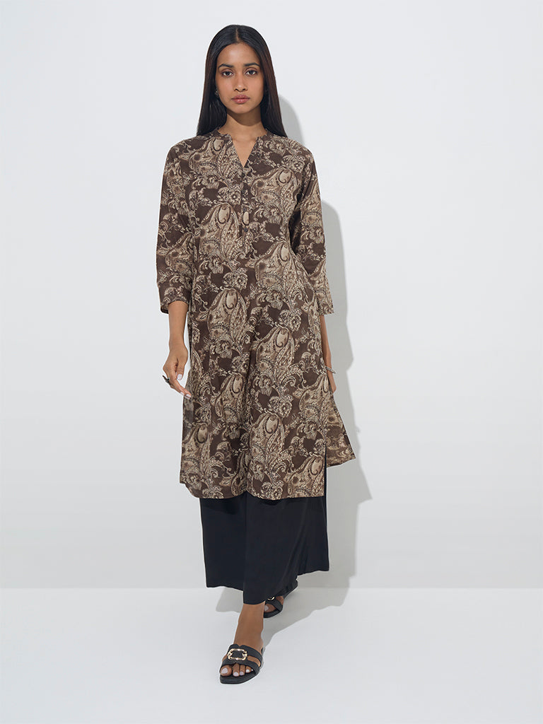 Utsa Brown Foliage Printed Straight Cotton Kurta