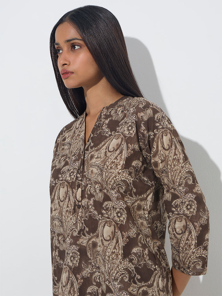 Utsa Brown Foliage Printed Straight Cotton Kurta