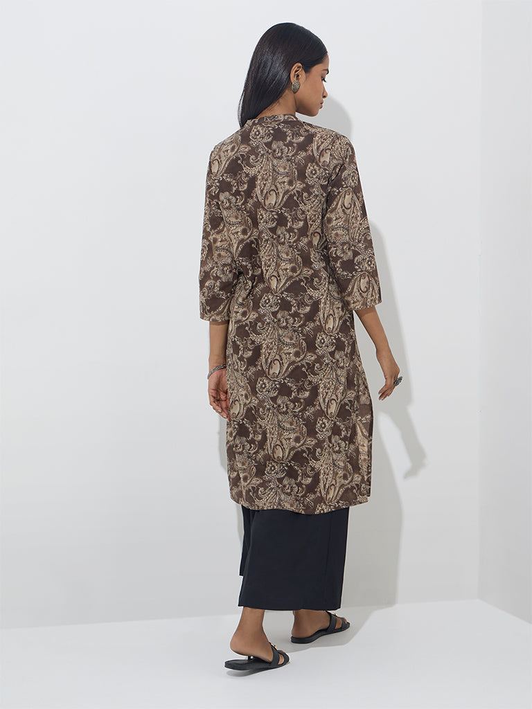 Utsa Brown Foliage Printed Straight Cotton Kurta