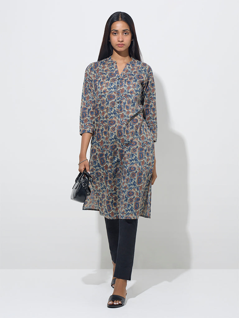 Utsa Blue Floral Design Straight Cotton Kurta