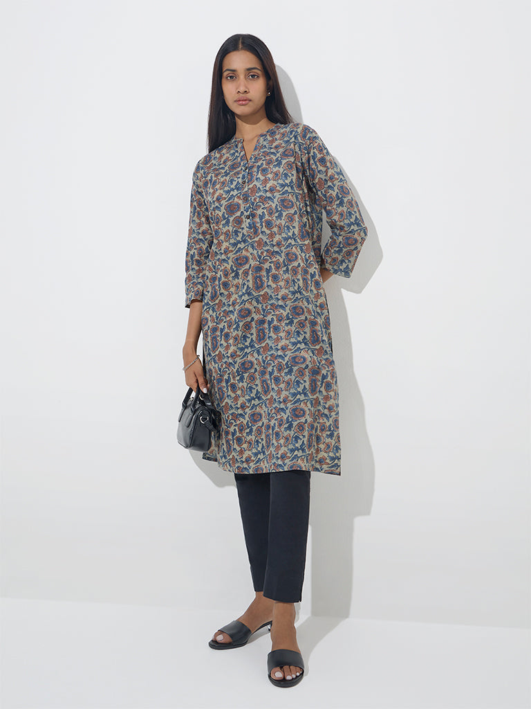 Utsa Blue Floral Design Straight Cotton Kurta