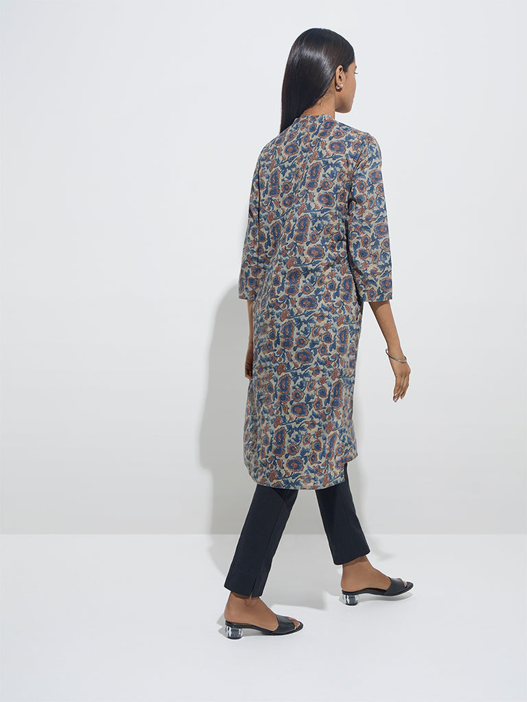 Utsa Blue Floral Design Straight Cotton Kurta