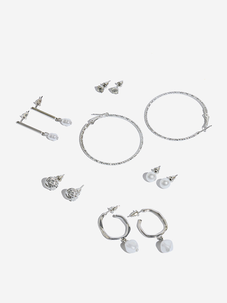 Westside Accessories Silver Trendy Pearl Hoop Earrings Set - Pack of 6