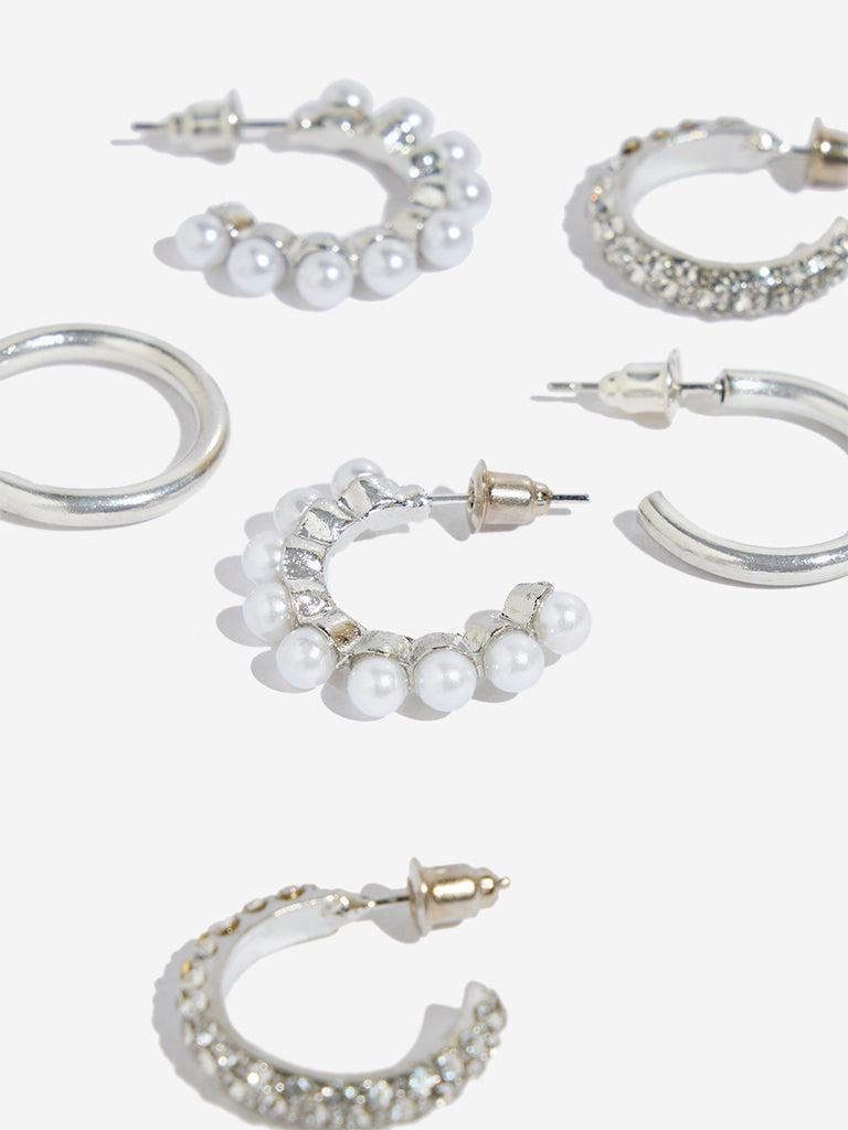 Westside Accessories Silver Pearl and Gemstones Hoop Earrings Set - Pack of 3