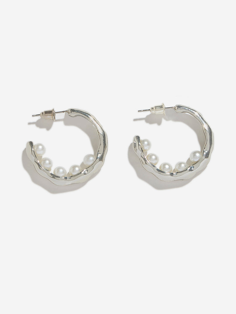 Westside Accessories Silver Encrusted Pearl Half Hoop Earrings