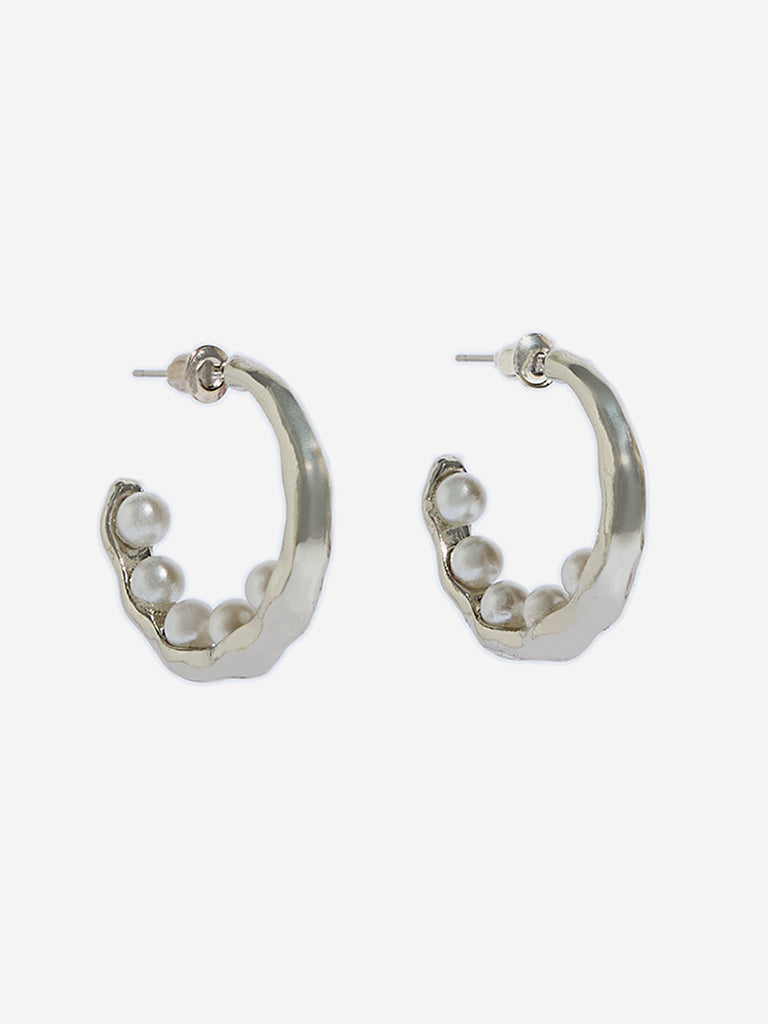 Westside Accessories Silver Encrusted Pearl Half Hoop Earrings