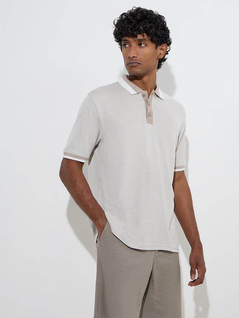 WES Casuals Beige Knitted Relaxed-Fit Polo T-Shirt