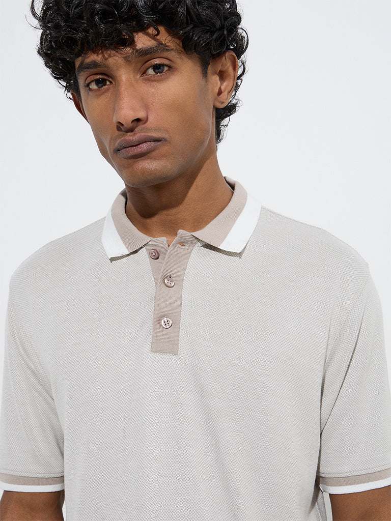 WES Casuals Beige Knitted Relaxed-Fit Polo T-Shirt