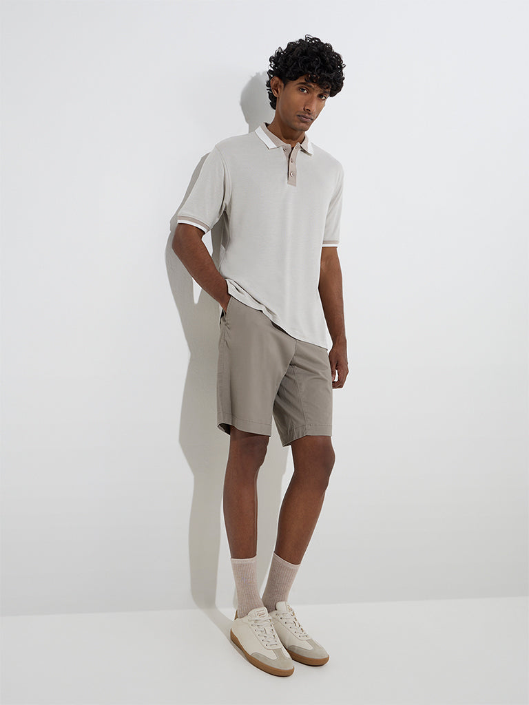 WES Casuals Beige Knitted Relaxed-Fit Polo T-Shirt