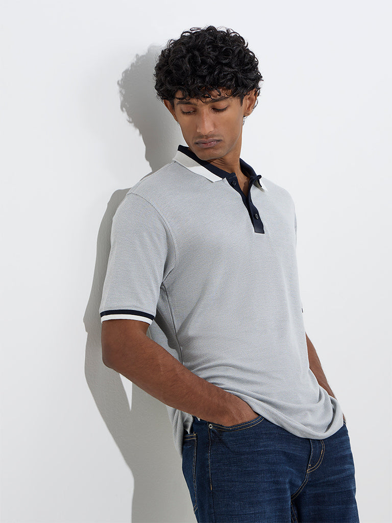 WES Casuals Grey Knitted Relaxed-Fit Polo T-Shirt