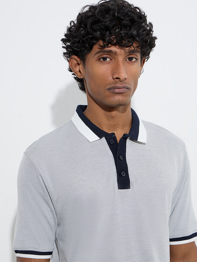 WES Casuals Grey Knitted Relaxed-Fit Polo T-Shirt