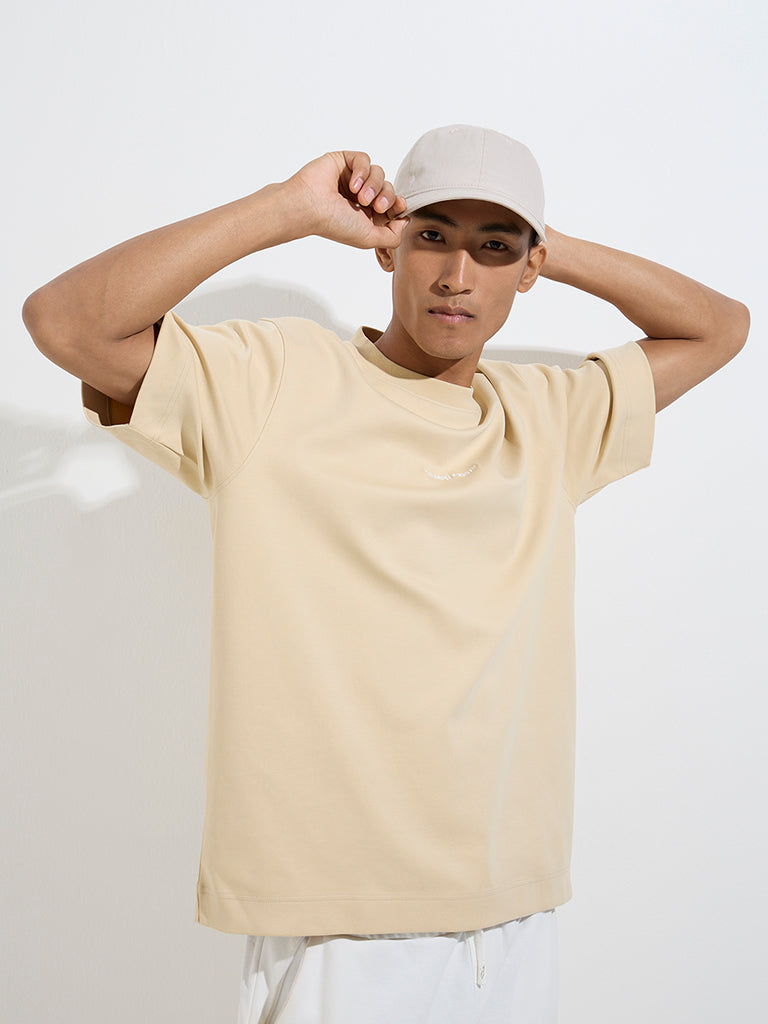 Studiofit Beige Text Embroidered Relaxed-Fit Cotton-Blend T-Shirt