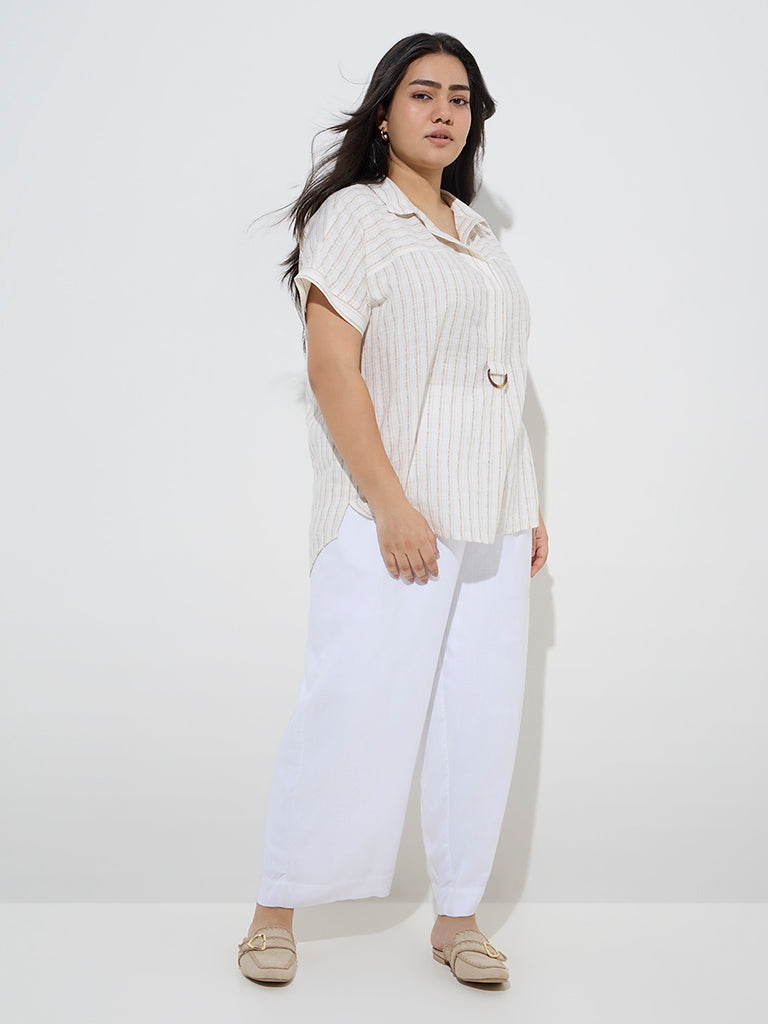 Gia Off-White Stripe Printed Cotton-Blend Top