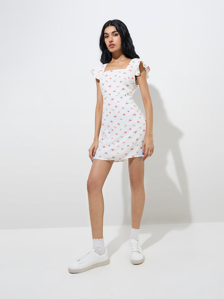 Nuon White Floral Pattern A-Line Dress