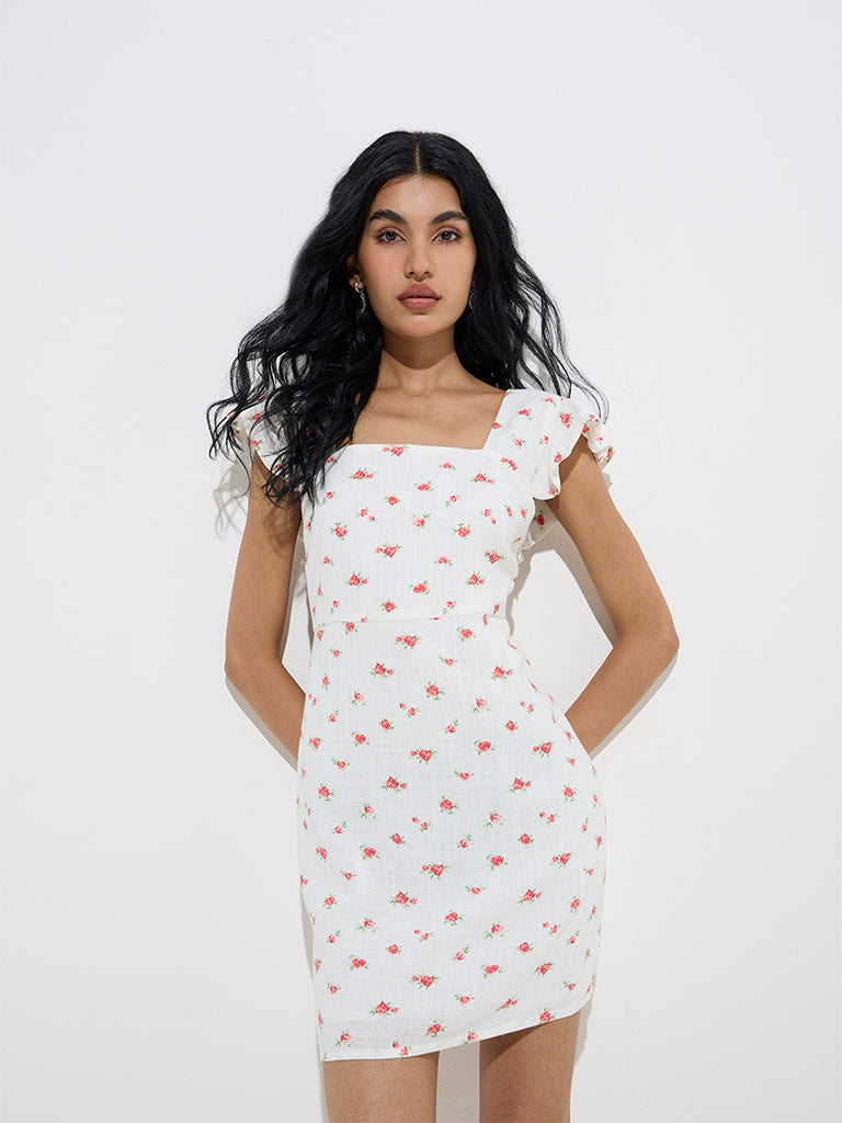 Nuon White Floral Pattern A-Line Dress