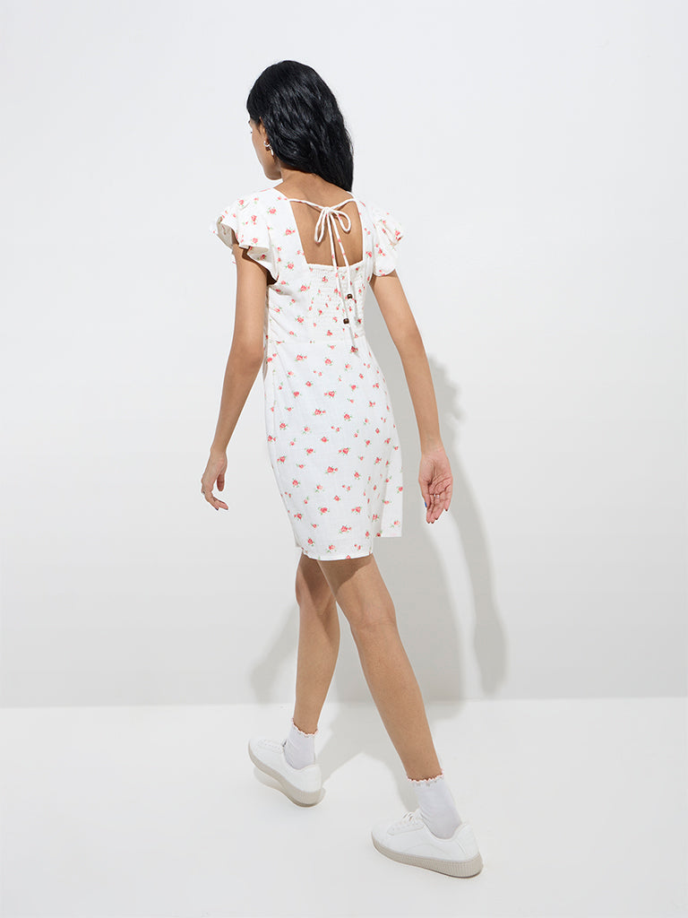 Nuon White Floral Pattern A-Line Dress