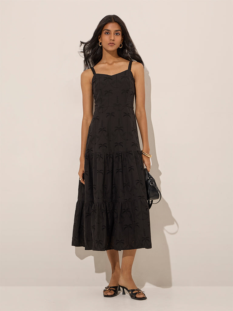 LOV Black Embroidered Tiered Cotton Dress