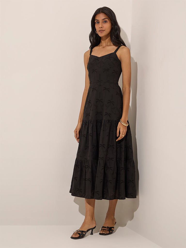 LOV Black Embroidered Tiered Cotton Dress