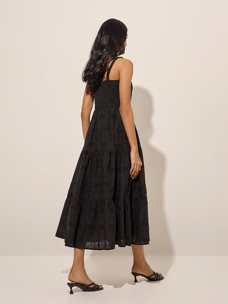 LOV Black Embroidered Tiered Cotton Dress