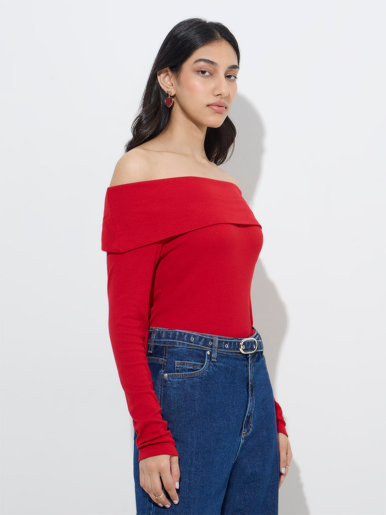 LOV Red Ribbed-Textured Off-Shoulder Top