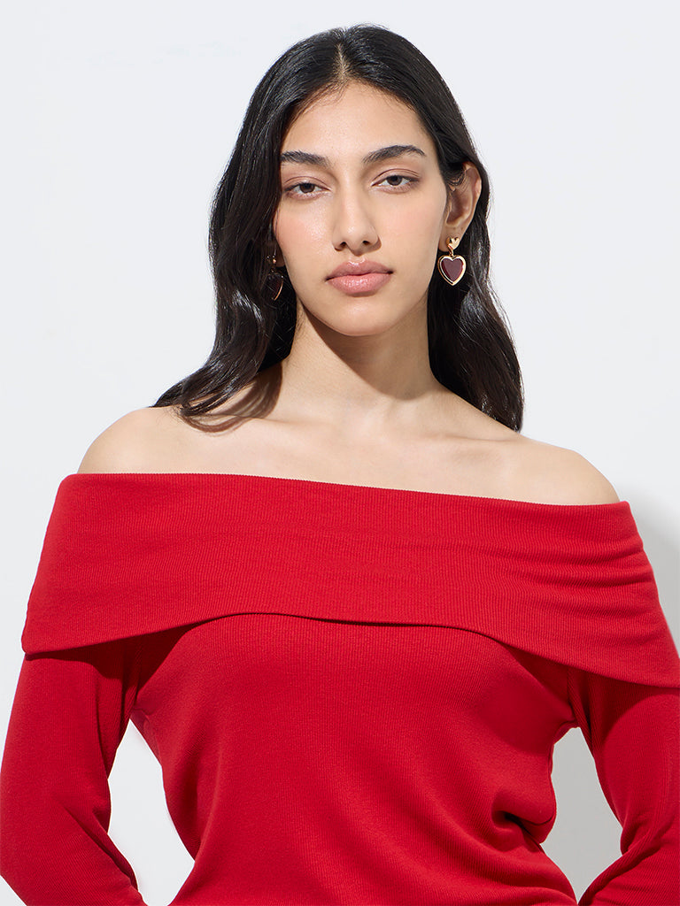 LOV Red Ribbed-Textured Off-Shoulder Top