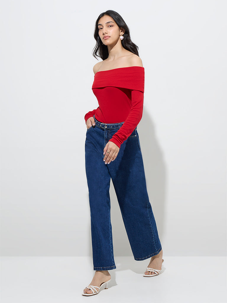 LOV Red Ribbed-Textured Off-Shoulder Top