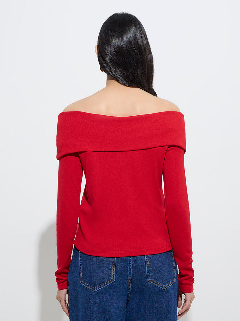 LOV Red Ribbed-Textured Off-Shoulder Top