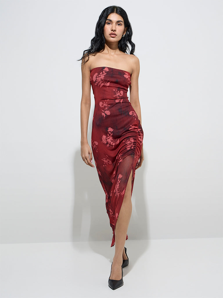 Nuon Burgundy Floral Printed Mesh Bodycon Dress