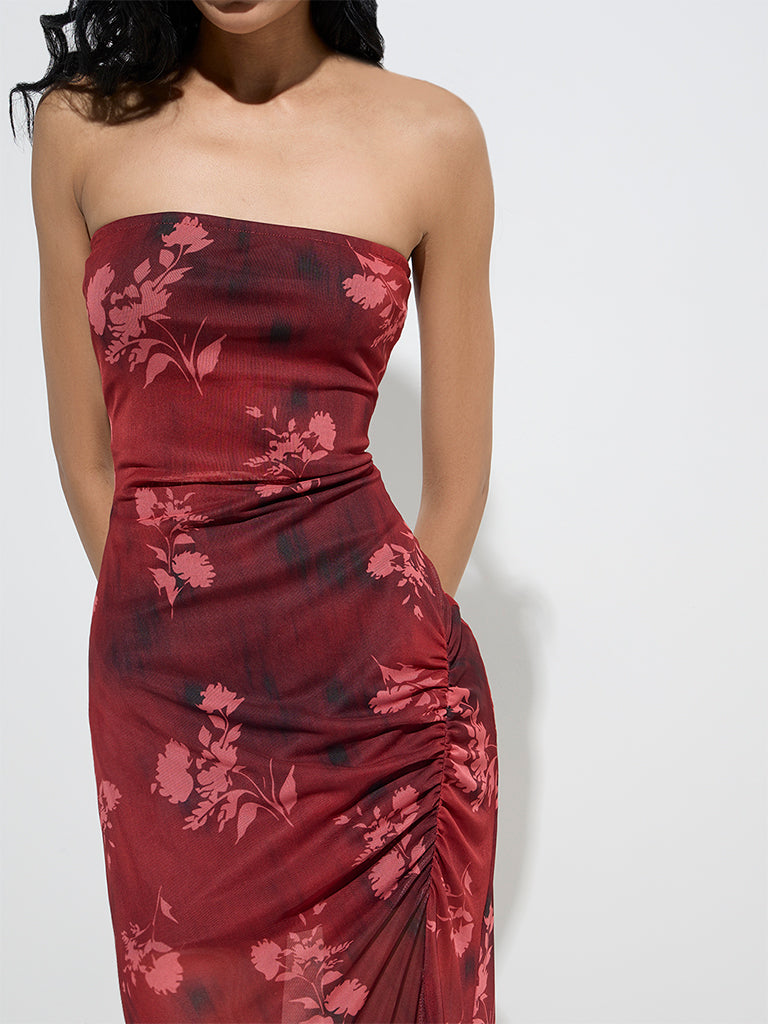 Nuon Burgundy Floral Printed Mesh Bodycon Dress