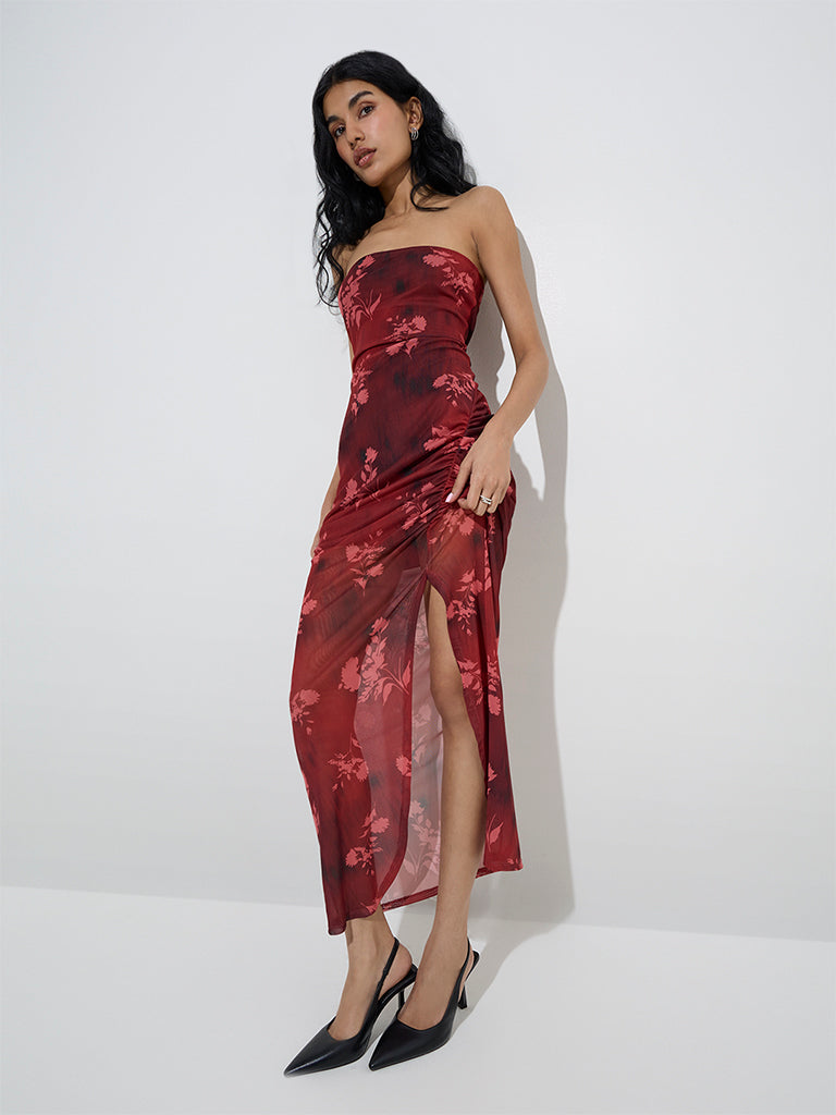 Nuon Burgundy Floral Printed Mesh Bodycon Dress