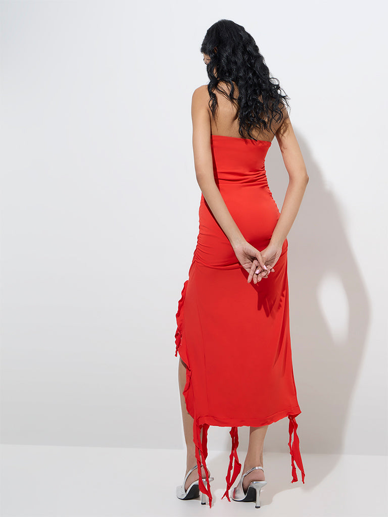 Nuon Red Ruffle-Detailed Bodycon Tube Dress