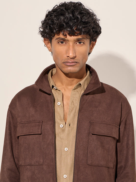 Ascot Brown Faux-Suede Relaxed-Fit Cotton-Blend Jacket